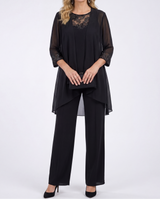 Aeliana - Elegantes, dreiteiliges Set mit Blazer und weiter Hose – Schwarz