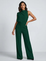Damen Hochkragen Ärmelloser Jumpsuit mit Weitem Bein und Taschen – Grün
