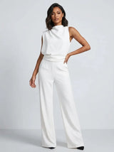 Damen Hochkragen Ärmelloser Jumpsuit mit Weitem Bein und Taschen – Weiß