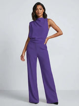 Damen Hochkragen Ärmelloser Jumpsuit mit Weitem Bein und Taschen – Lila