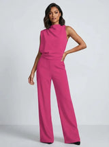Damen Hochkragen Ärmelloser Jumpsuit mit Weitem Bein und Taschen – Rosa