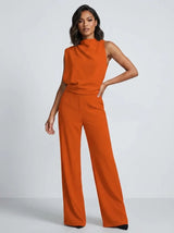 Damen Hochkragen Ärmelloser Jumpsuit mit Weitem Bein und Taschen – Orange