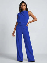 Damen Hochkragen Ärmelloser Jumpsuit mit Weitem Bein und Taschen – Blau