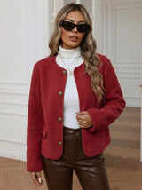 Damen Jacke mit Goldknöpfen und seitlichen Taschen – Weinrot