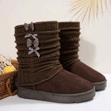 Hildrun | Damen Winterstiefel mit Strickschaft und Schleife – Braun