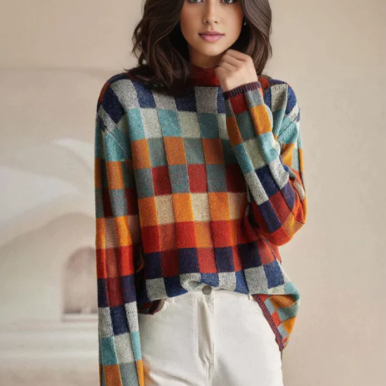 Tove™ - Bunter Rollkragenpullover mit Patchwork-Strickmuster