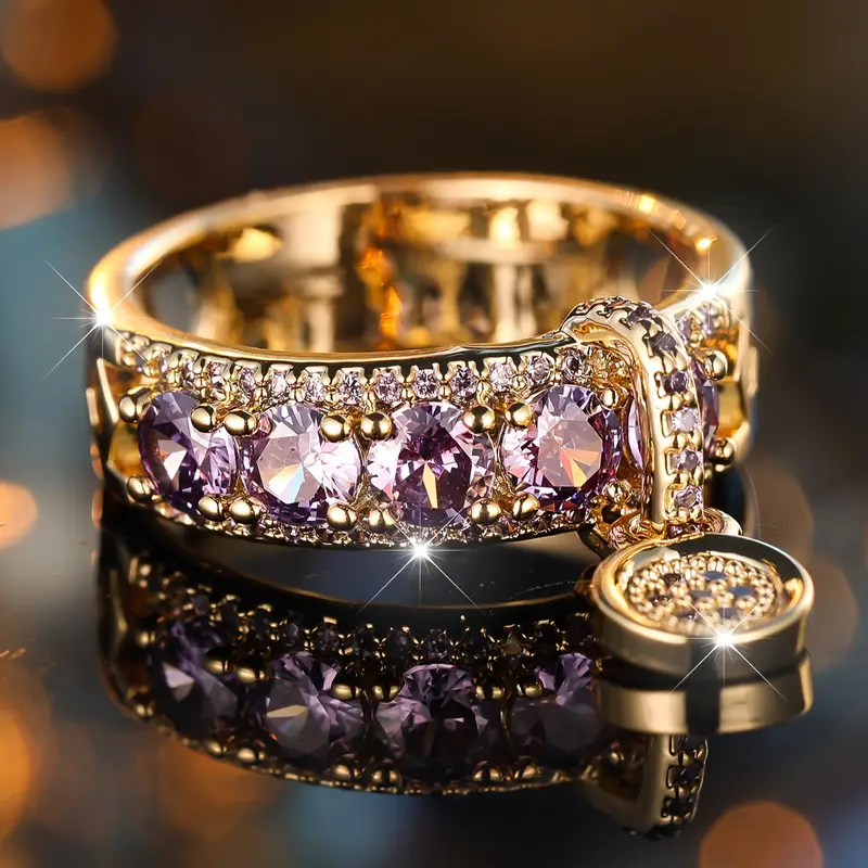 Goldring mit Charm und violettem Zirkonia