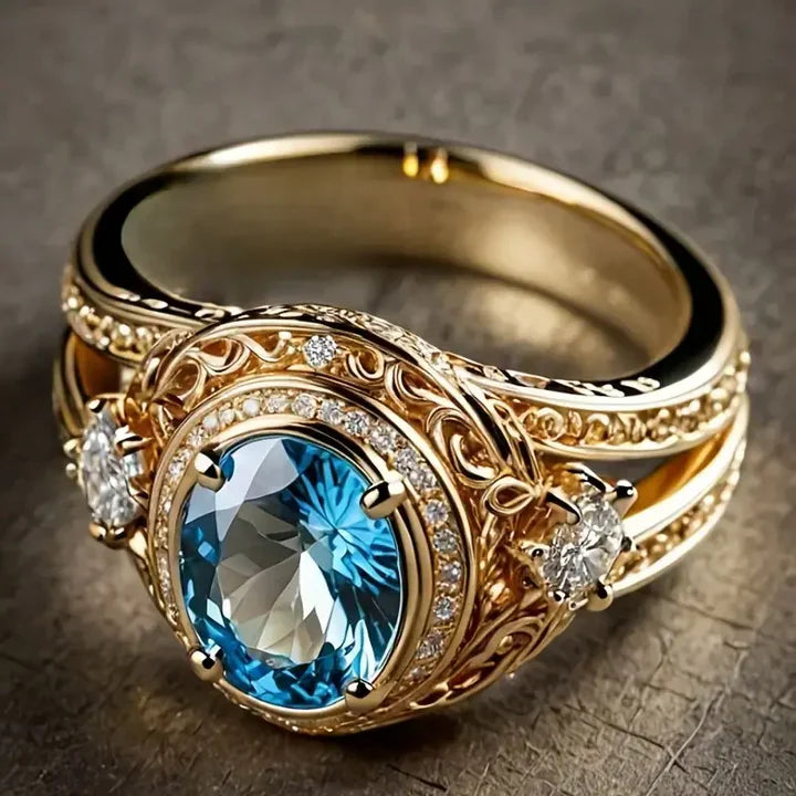 Goldring mit hellblauem Kristall