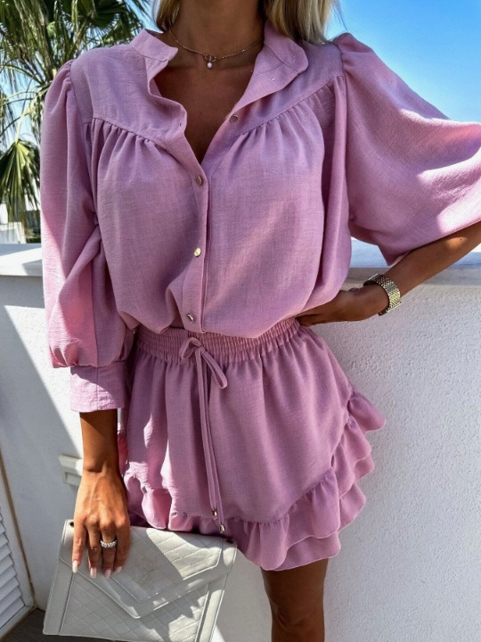 Leslie - Elegantes Set, Oberteil mit langen Ärmeln und Shorts für Damen