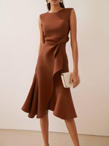 Beatrice | Damen Drapiertes Asymmetrisches Midikleid – Kaffee