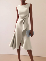 Beatrice | Damen Drapiertes Asymmetrisches Midikleid – Creme