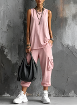 Valentina | Damen ärmelloses V-Ausschnitt-Set mit Taschen – Rosa