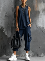 Valentina | Damen ärmelloses V-Ausschnitt-Set mit Taschen – Marineblau