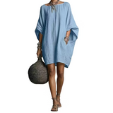 Ozee | Übergröße-Kleid aus Baumwoll-Leinen mit Fledermausärmeln – Himmelblau