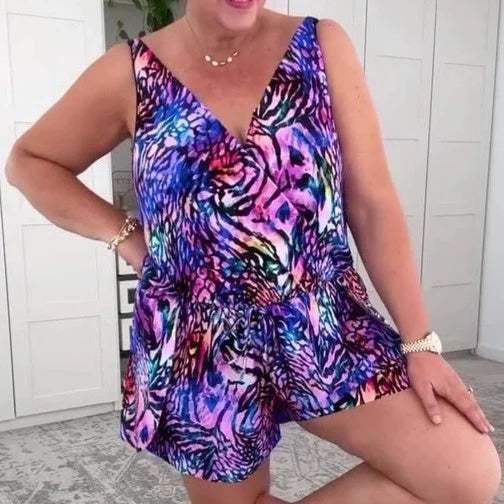 Bezre | Ärmelloser bedruckter Badeanzug mit V-Ausschnitt