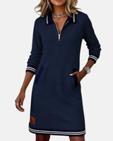 Clara | Damen Baumwollkleid elegant langarm – Marineblau