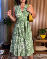 Damen Ärmelloses Blumenv-Ausschnitt Kleid in Knielänge – Grün