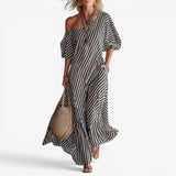 Inoni | Damen Off-Shoulder Gestreiftes Maxikleid – Kohlenstoffgrau