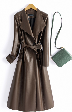 Eleganter offener veganer Ledermantel mit großem Gürtel für Damen | Ideal für den Winter