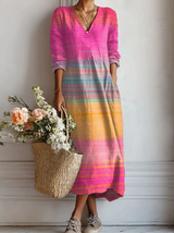 Ingrid | Damen Gestreiftes Maxikleid V-Ausschnitt Langarm – Rosa