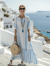 Ione | Damen Gestreiftes Maxikleid – Lockeres Streifen Sommerkleid Rundhals 2026 – Himmelblau