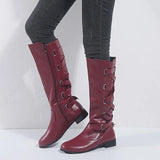 Isolde | Damen Kniehohe Stiefel mit Schnallen – Weinrot