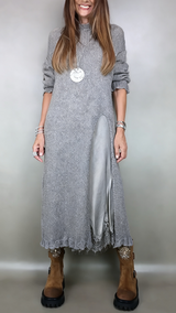 Ivana | Damen Langes Strickkleid mit Unterkleid – Grau