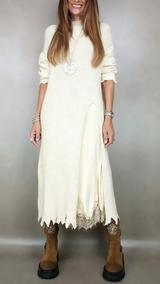 Ivana | Damen Langes Strickkleid mit Unterkleid – Weiß