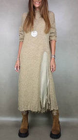 Ivana | Damen Langes Strickkleid mit Unterkleid – Beige