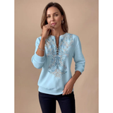 Janina | Damen Pullover mit Reißverschluss und Blumenmuster – Blau