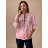 Janina | Damen Pullover mit Reißverschluss und Blumenmuster – Rosa
