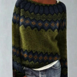 Jasmin | Damen Retro Pullover mit Norweger Muster und Strick – Grün