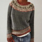 Jasmin | Damen Retro Pullover mit Norweger Muster und Strick – Grau