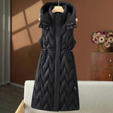 Jasmina | Damen Lange Steppweste Bodywarmer mit Kapuze und Kordelzug – Schwarz