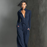 Glitzernder Strick-Jumpsuit mit weitem Bein für Damen | Reißverschluss vorne – Blau