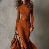 Damen-Maxikleid mit Reißverschluss und Gürtel – Orange
