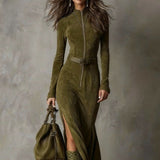 Damen-Maxikleid mit Reißverschluss und Gürtel – Grün