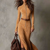 Damen-Maxikleid mit Reißverschluss und Gürtel – Camel