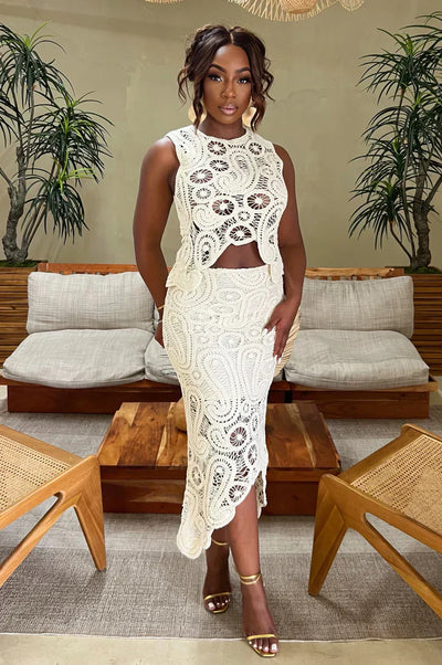 Celina | Zweiteiliges Häkel-Set mit Crop-Top & Midi-Rock