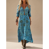 Jolina | Damen Blaues Boho Maxikleid mit Langarm, V Ausschnitt und Vintage Muster – Blau