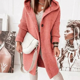 Josie | Damen Lange Strickjacke mit Kapuze, Knöpfen und Struktur – Rot