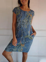 Angela | Damen Lässiges Sommerkleid mit Blattmuster – Blau