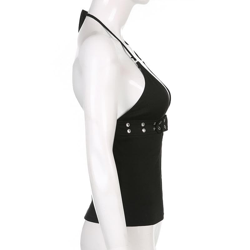 VALE | Halter Top with Deep V-Neckline, Metal Clasp & Backless Design