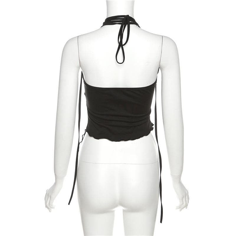 VALE | Backless Mesh Halter Top with Ruffles & Asymmetric Cut