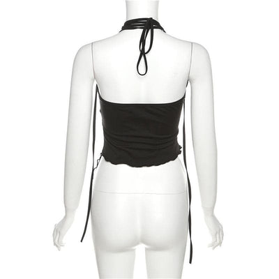 VALE | Backless Mesh Halter Top with Ruffles & Asymmetric Cut