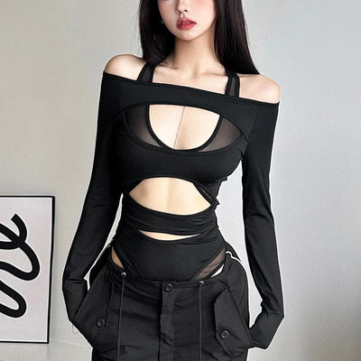 VALE Off-Shoulder Mesh Bodysuit with Cut-Outs & Long Sleeves