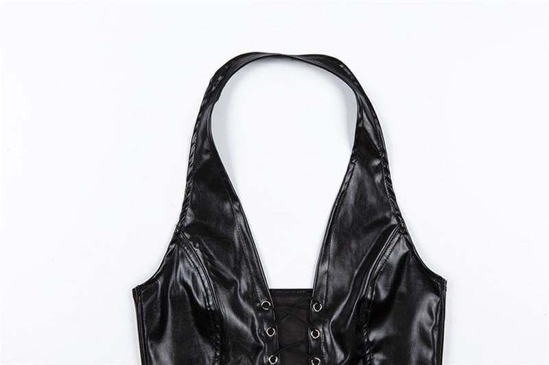 VALE | Backless PU Leather Halter Top with Front Lacing – Bold & Seductive
