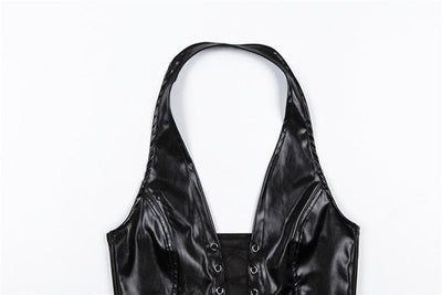 VALE | Backless PU Leather Halter Top with Front Lacing – Bold & Seductive