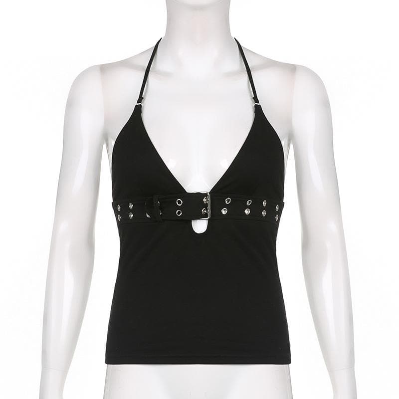 VALE | Halter Top with Deep V-Neckline, Metal Clasp & Backless Design