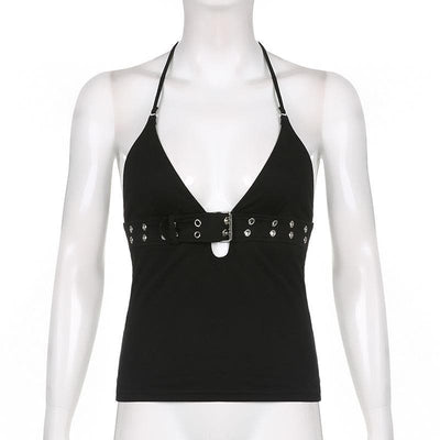 VALE | Halter Top with Deep V-Neckline, Metal Clasp & Backless Design